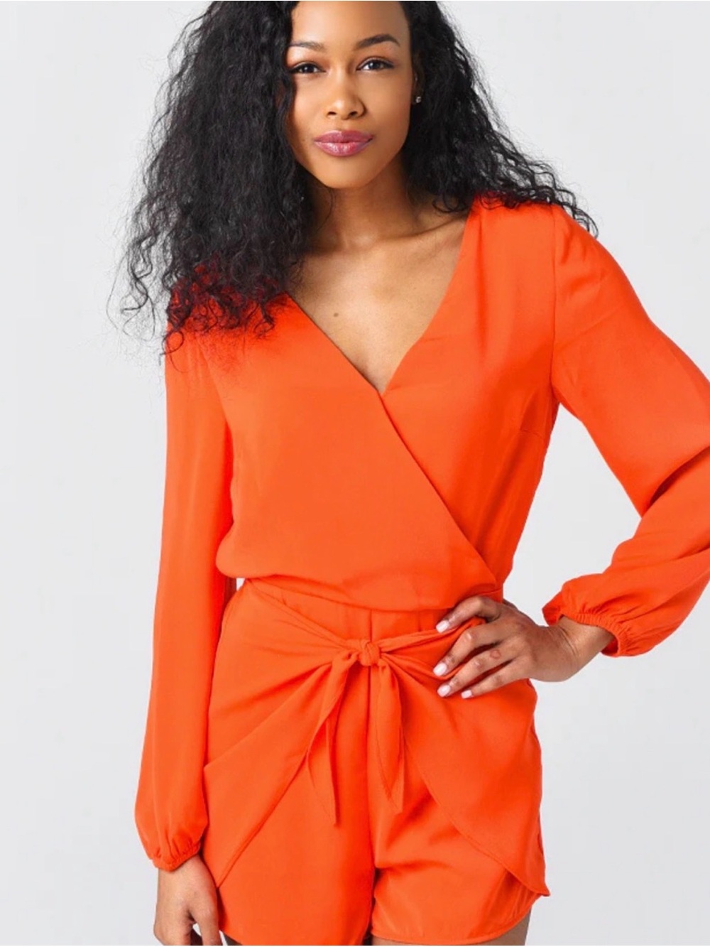 cupcakes & cashmere Bright Orange Long-Sleeve Wrap Romper